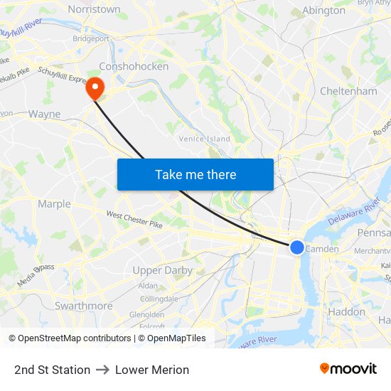 2nd St Station to Lower Merion map