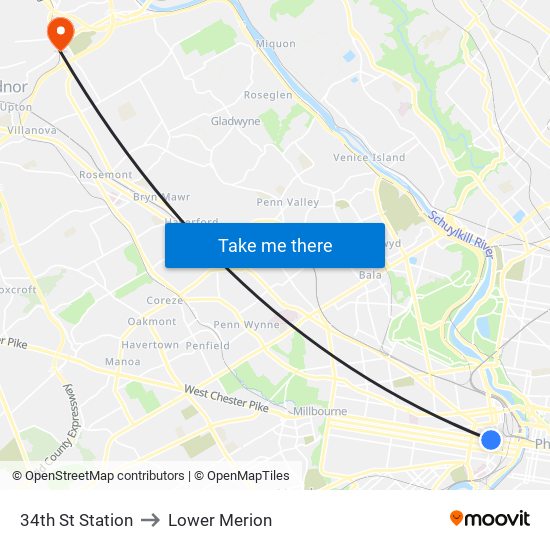 34th St Station to Lower Merion map