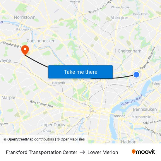 Frankford Transportation Center to Lower Merion map