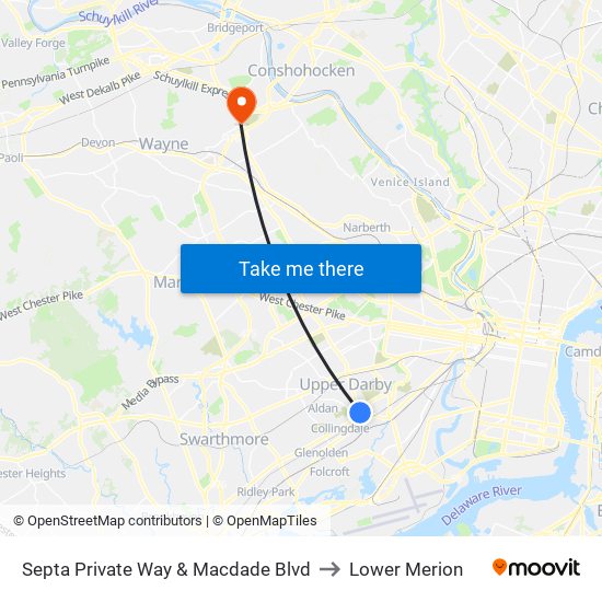 Septa Private Way & Macdade Blvd to Lower Merion map