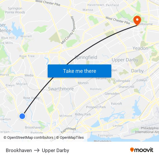 Brookhaven to Upper Darby map