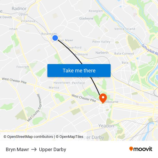 Bryn Mawr to Upper Darby map