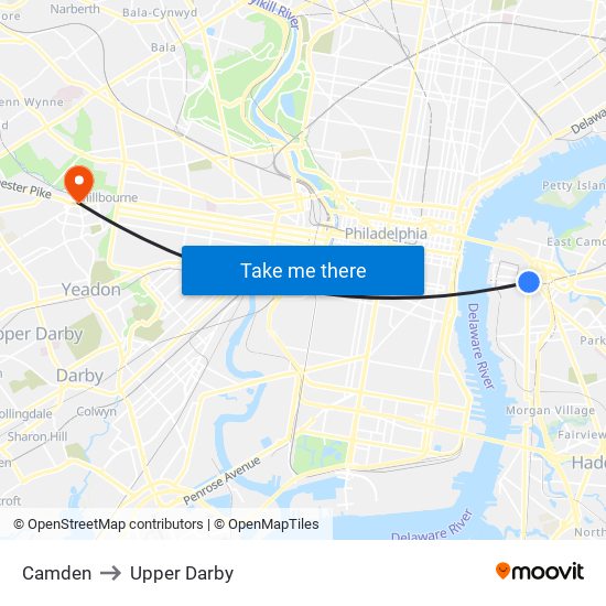 Camden to Upper Darby map