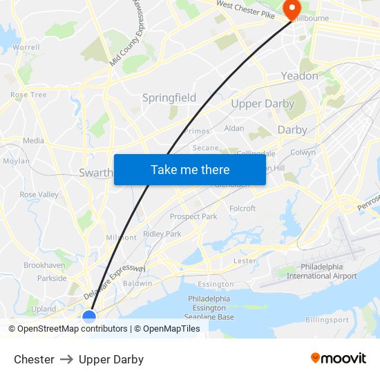 Chester to Upper Darby map