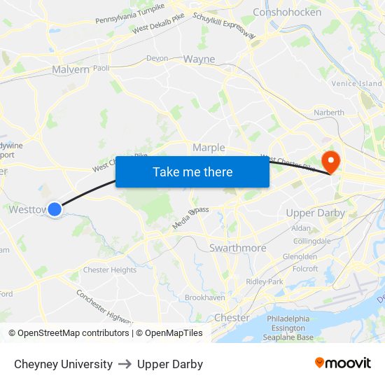 Cheyney University to Upper Darby map