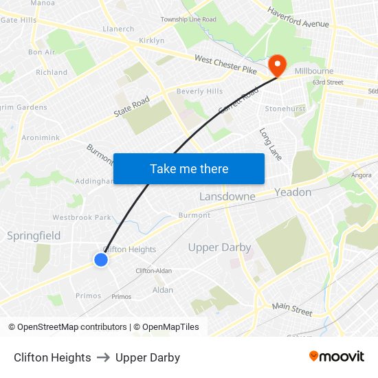 Clifton Heights to Upper Darby map