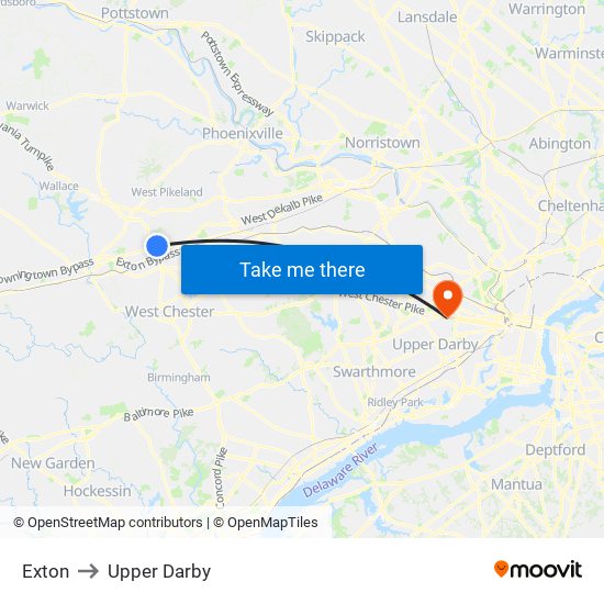 Exton to Upper Darby map