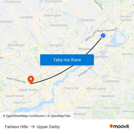 Fairless Hills to Upper Darby map