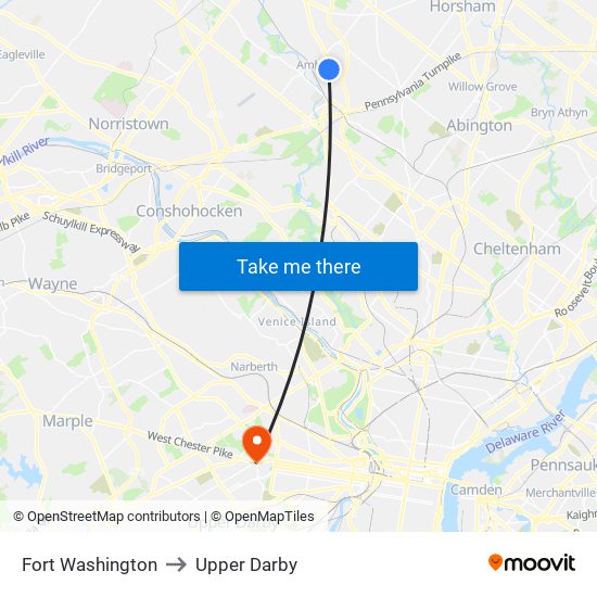 Fort Washington to Upper Darby map