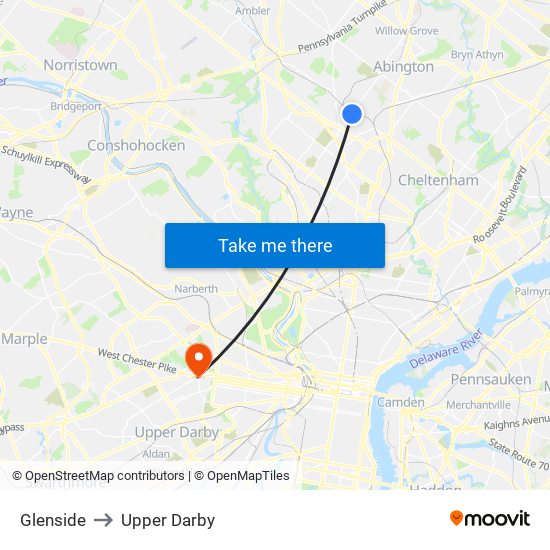 Glenside to Upper Darby map