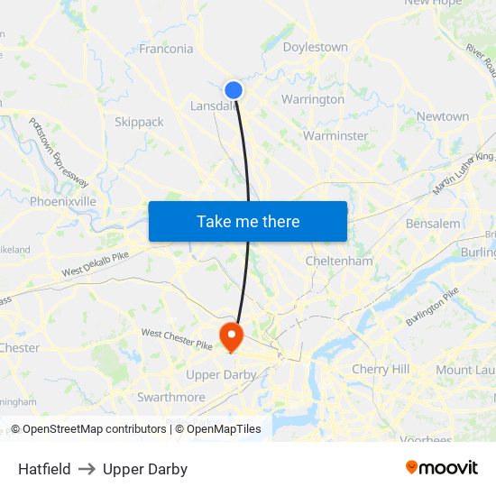 Hatfield to Upper Darby map