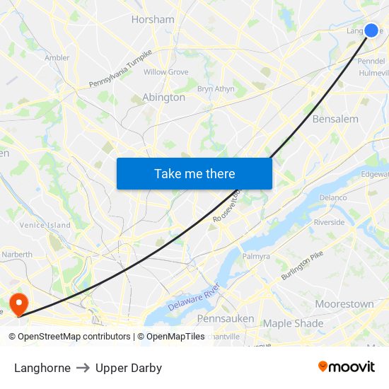 Langhorne to Upper Darby map
