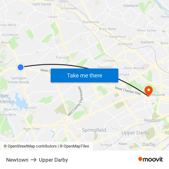 Newtown to Upper Darby map