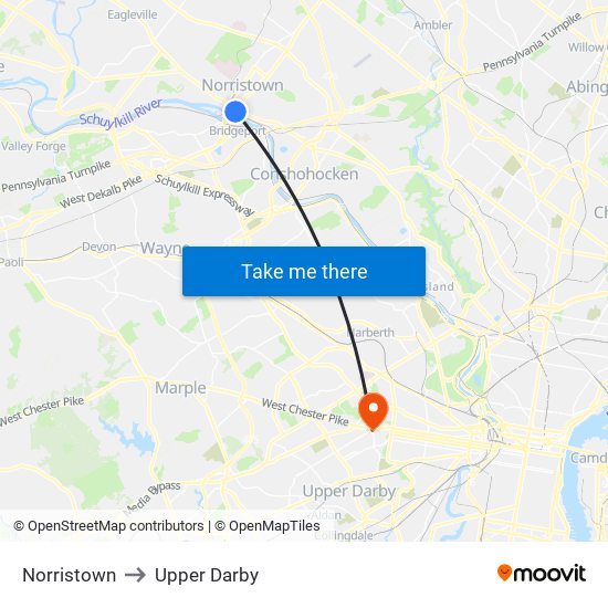 Norristown to Upper Darby map