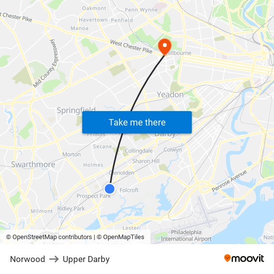 Norwood to Upper Darby map