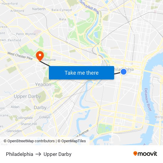 Philadelphia to Upper Darby map