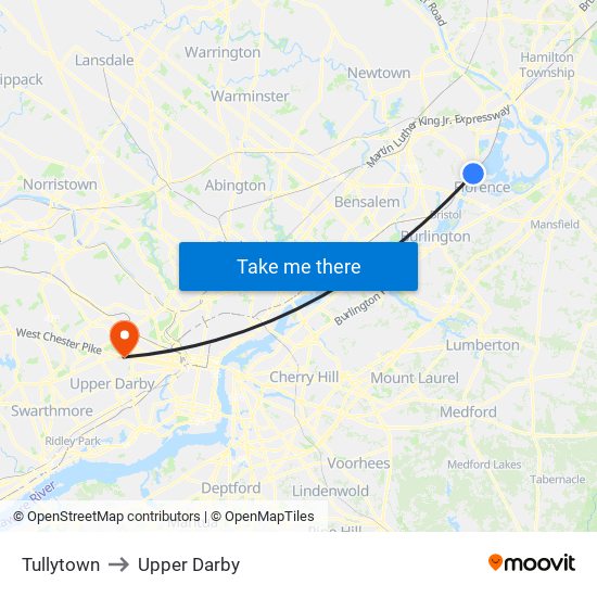Tullytown to Upper Darby map