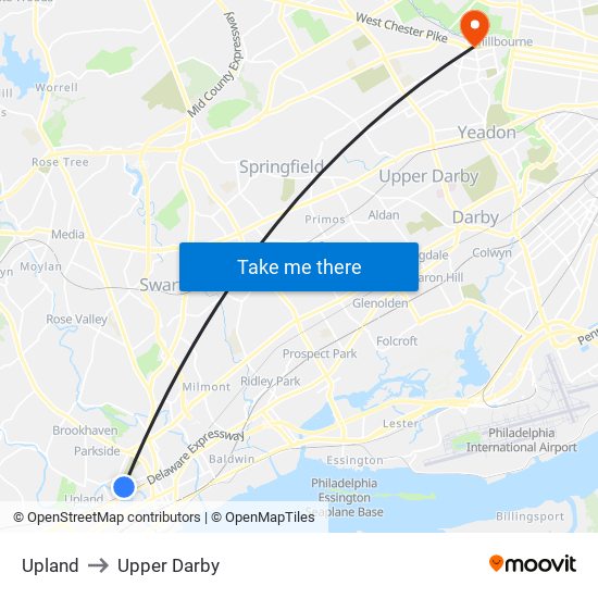 Upland to Upper Darby map