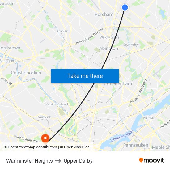 Warminster Heights to Upper Darby map