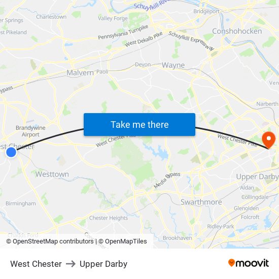 West Chester to Upper Darby map