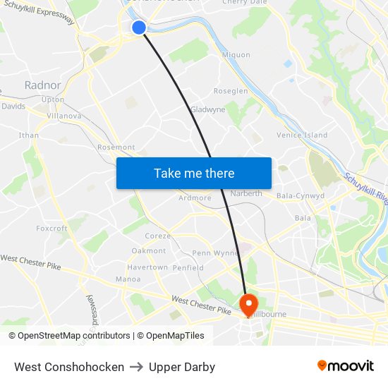 West Conshohocken to Upper Darby map