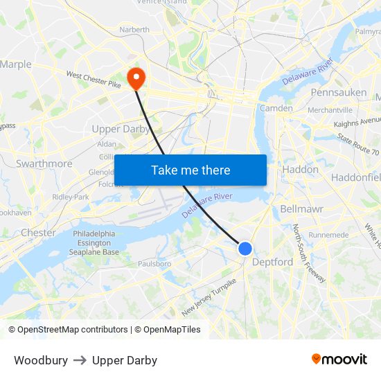 Woodbury to Upper Darby map