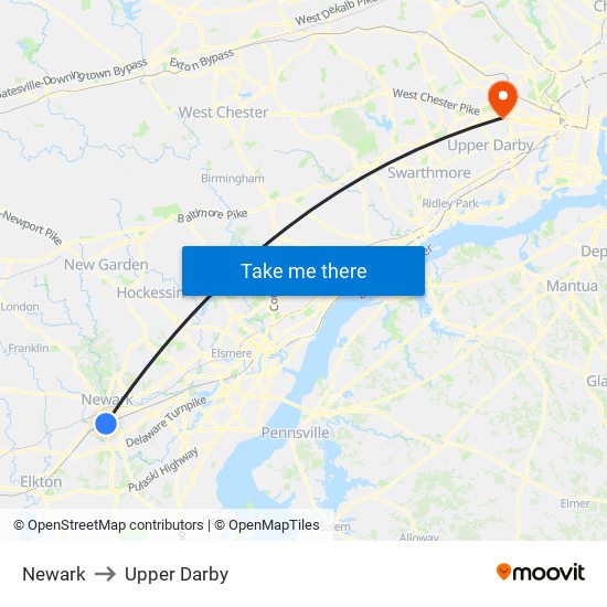 Newark to Upper Darby map