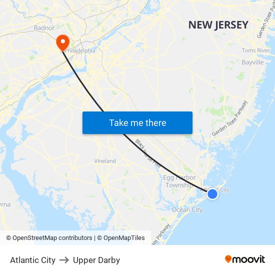 Atlantic City to Upper Darby map