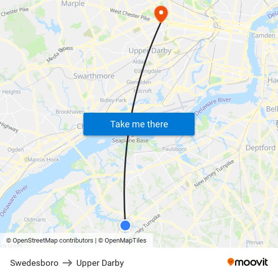 Swedesboro to Upper Darby map
