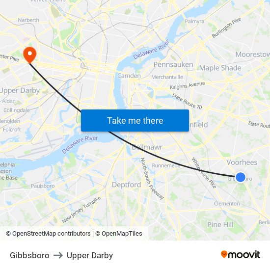 Gibbsboro to Upper Darby map