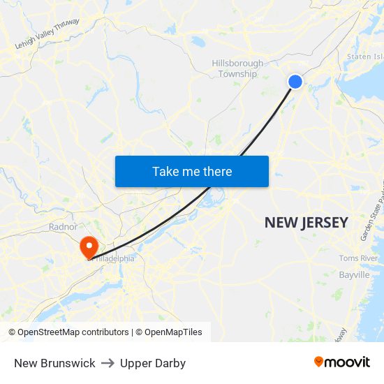 New Brunswick to Upper Darby map