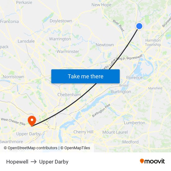 Hopewell to Upper Darby map