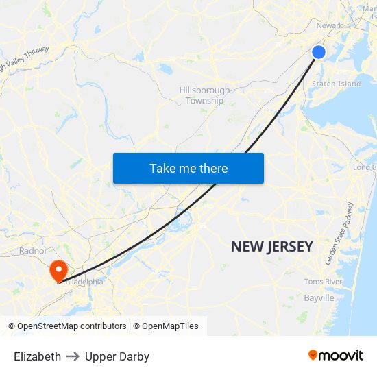 Elizabeth to Upper Darby map