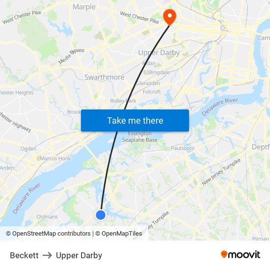 Beckett to Upper Darby map