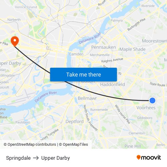 Springdale to Upper Darby map