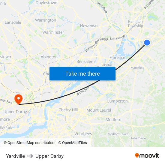 Yardville to Upper Darby map