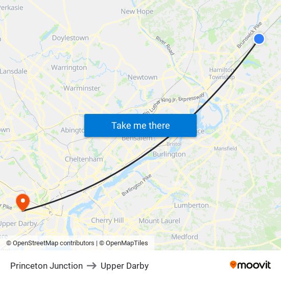 Princeton Junction to Upper Darby map