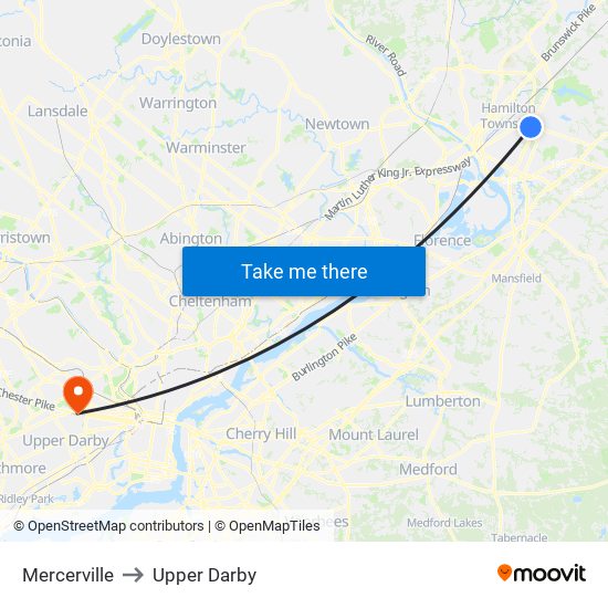 Mercerville to Upper Darby map