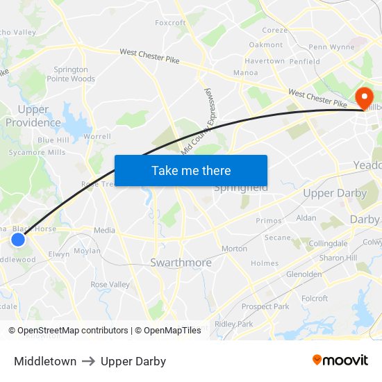 Middletown to Upper Darby map