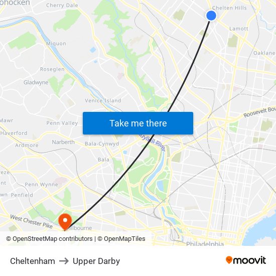 Cheltenham to Upper Darby map