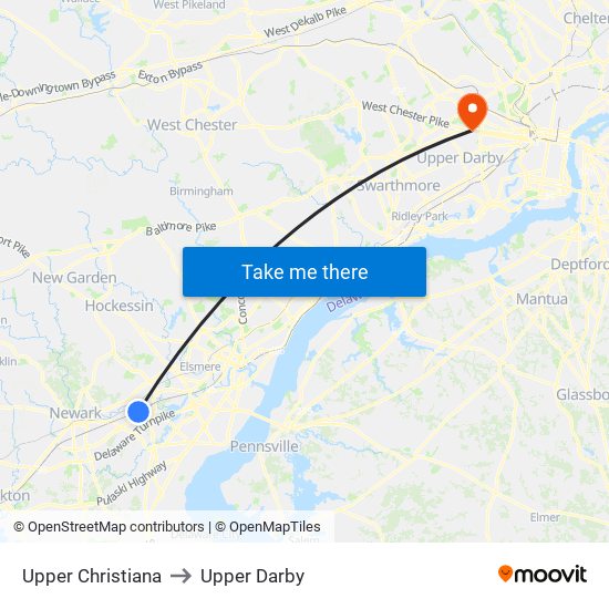 Upper Christiana to Upper Darby map