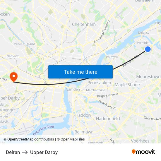 Delran to Upper Darby map