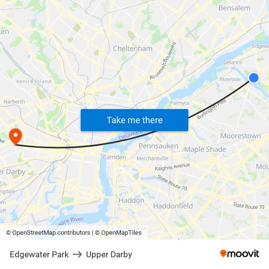 Edgewater Park to Upper Darby map