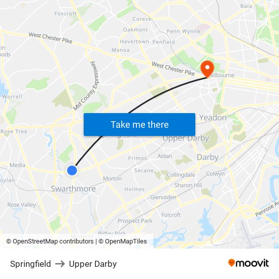 Springfield to Upper Darby map