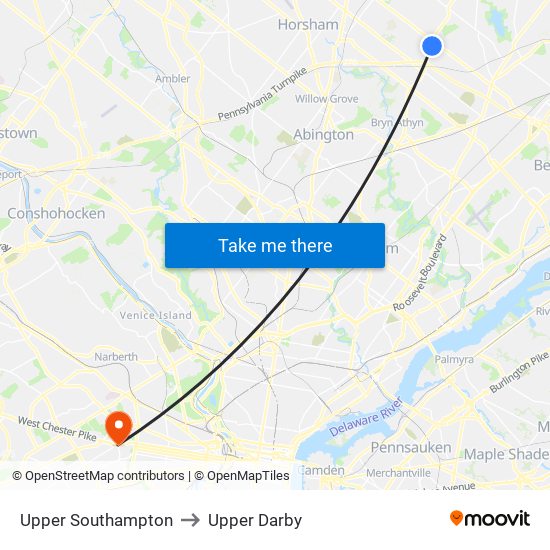 Upper Southampton to Upper Darby map