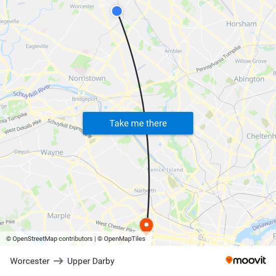 Worcester to Upper Darby map