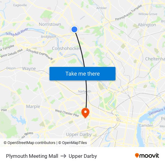 Plymouth Meeting Mall to Upper Darby map