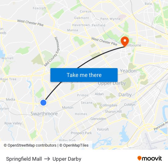 Springfield Mall to Upper Darby map