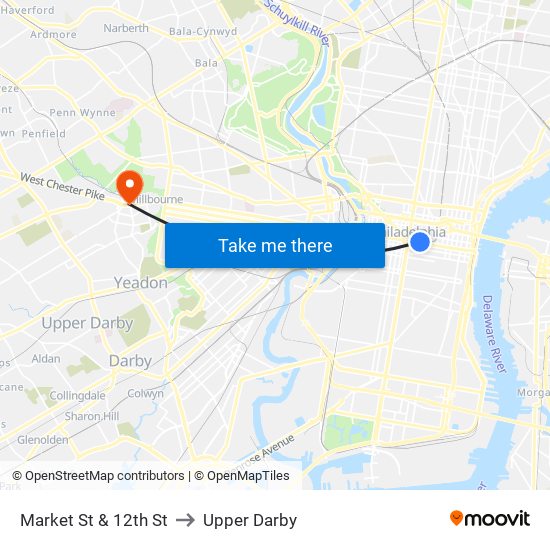 Market St & 12th St to Upper Darby map