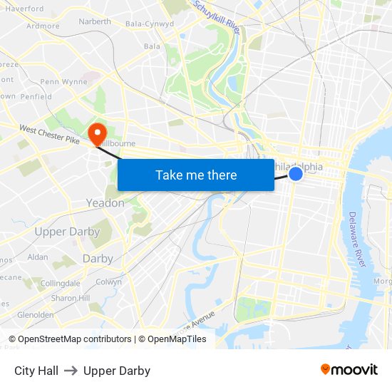 City Hall to Upper Darby map